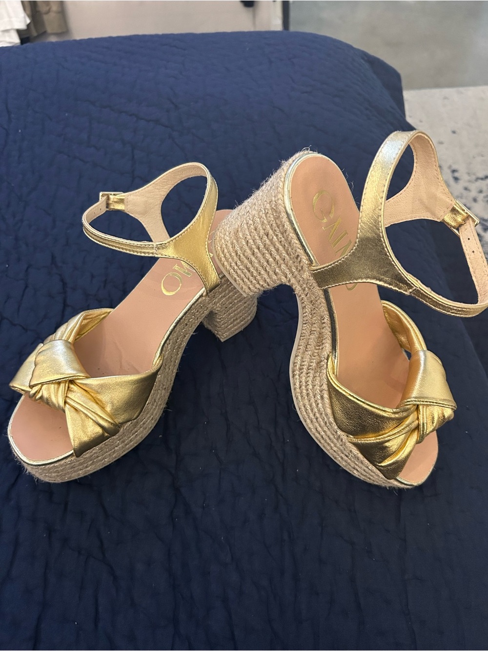 Metallic Gold Knotted Espadrille Platform Sandals with Ankle Strap